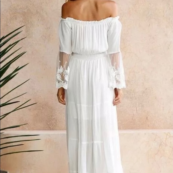 BOHO WHITE LACE MAXI DRESS w/BANDEAU NECKLINE - Picture 7 of 11